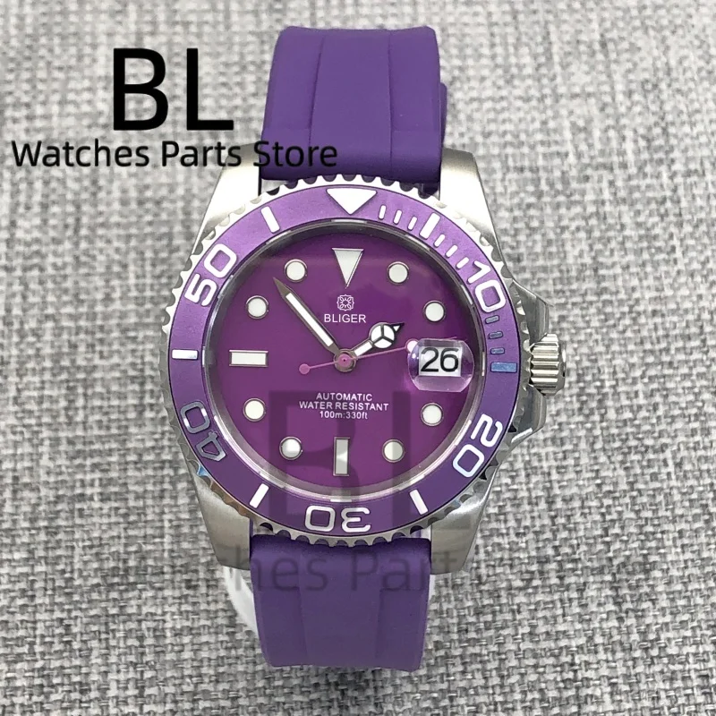 BLIGER 40mm Purple Dial Men's NH35A Automatic Diving Watch Sapphire Glass Rotating Bezel Purple Insert Waterproof Rubber Strap