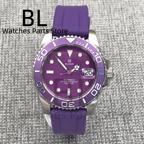 Imagen 2 del producto BLIGER 40mm esfera púrpura NH35A reloj de buceo automático para hombre cristal de zafiro bisel giratorio inserto púrpura correa de goma impermeable