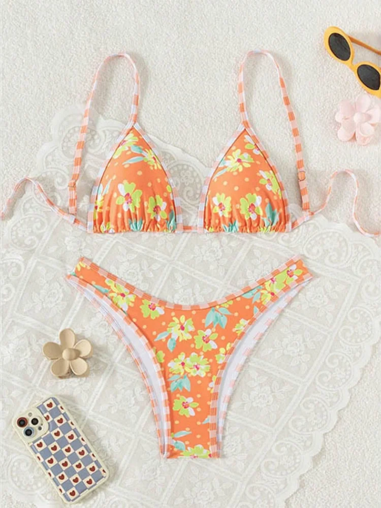 

Sexy Orange Floral Print Bikini Set Women Summer Holiday High Waist Swimsuit 2025 Beach Bathing Suit Two Piece Swimwear Biquini