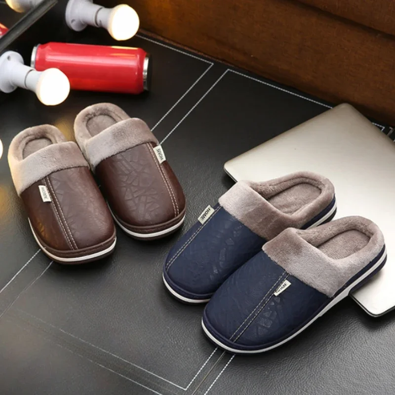 Winter Warm Men's Plush Slippers New Home Indoor Non-slip PU Leather Upper Waterproof House Slides Outside Male Cotton Shoes