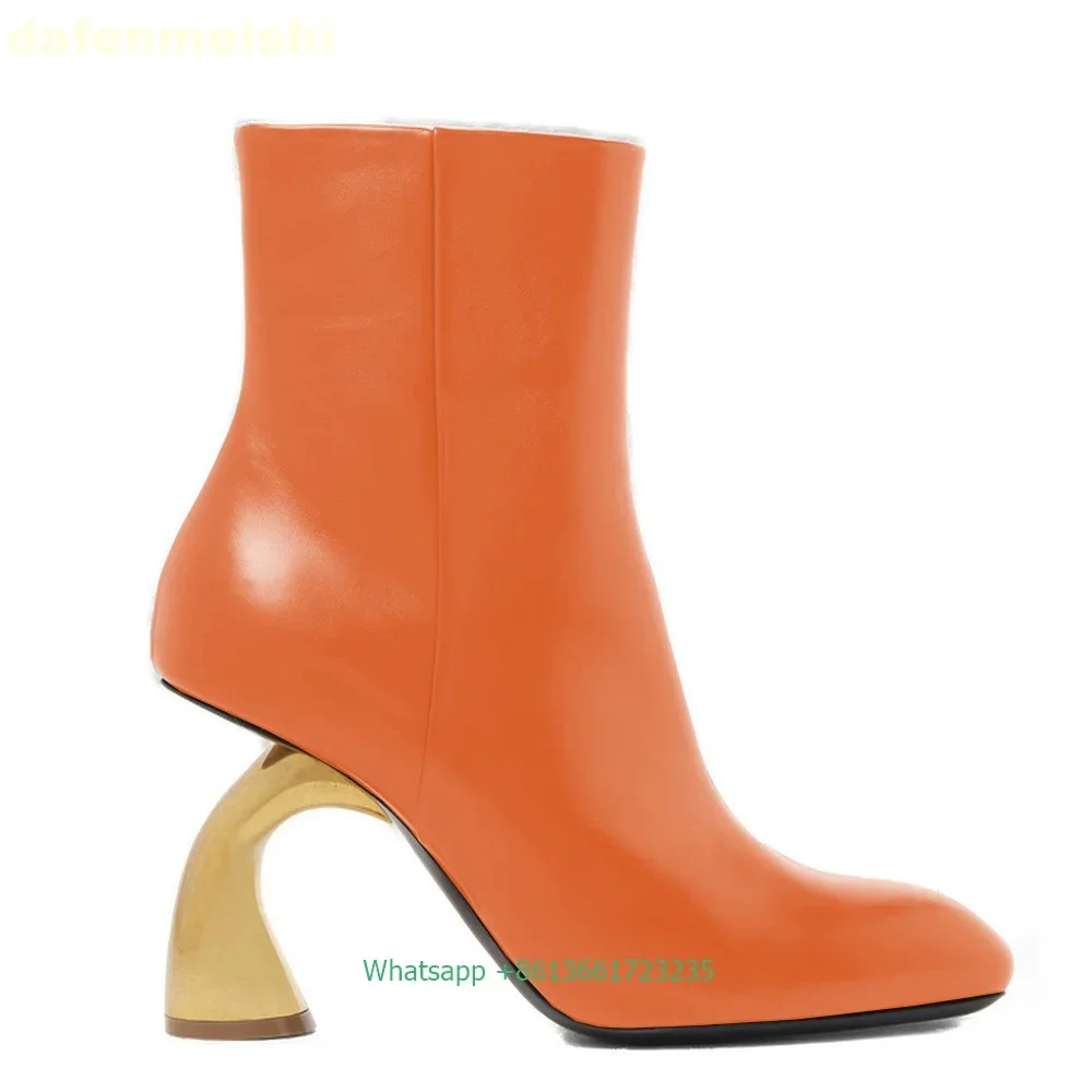 Metal Strange Heel Short Boots 2025 Autumn Women High Heel Side Zipper Round Toe Ankle Boots Solid Color Leather Large Size 43