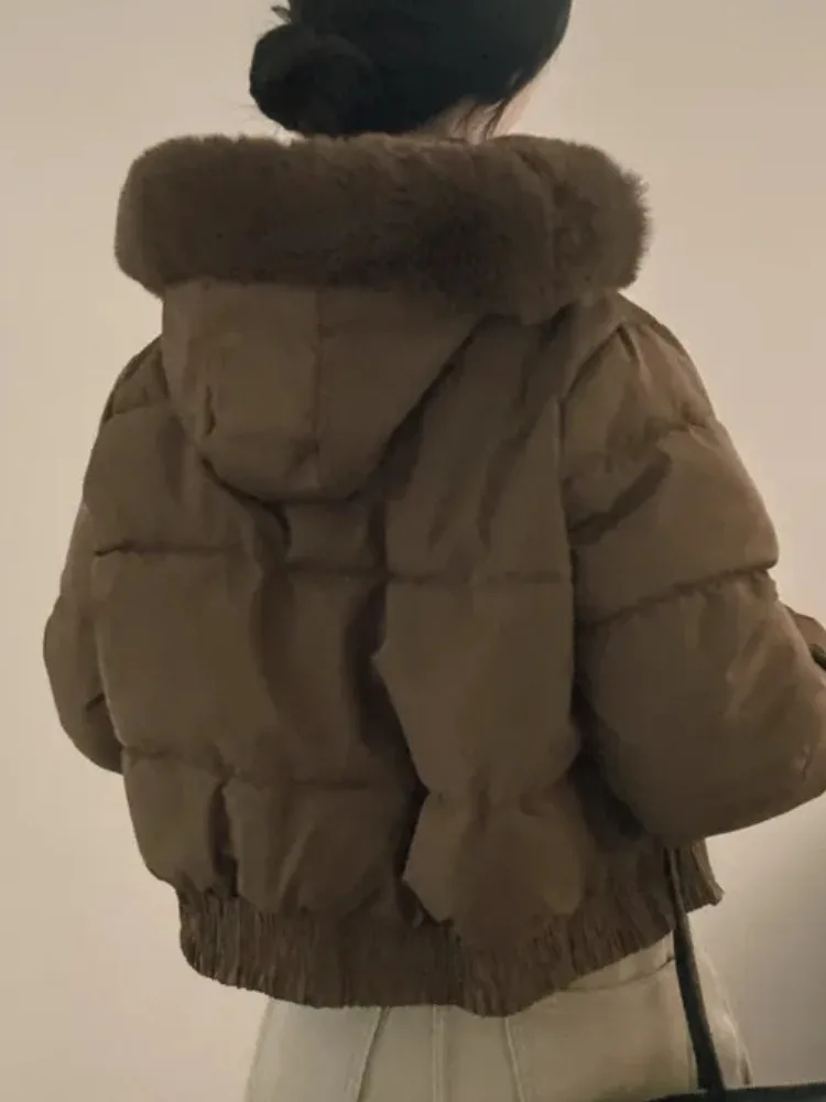 Chaqueta Corta de Invierno para Mujer, Estilo Pan, uesa y a la Moda, con Capucha y Cuello de Piel, Manga Larga, Abrigo Cáli...