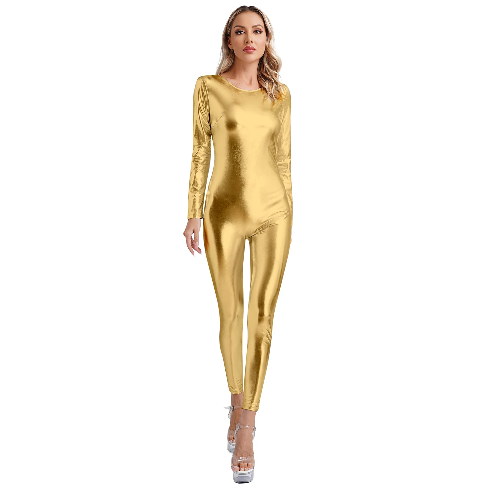 Womens Shiny Yoga Fitness Shapewear Tight Bodysuit Long Sleeve Slim Fit Full Body Bodysuit Jumpsuit for Clubwear Costumes