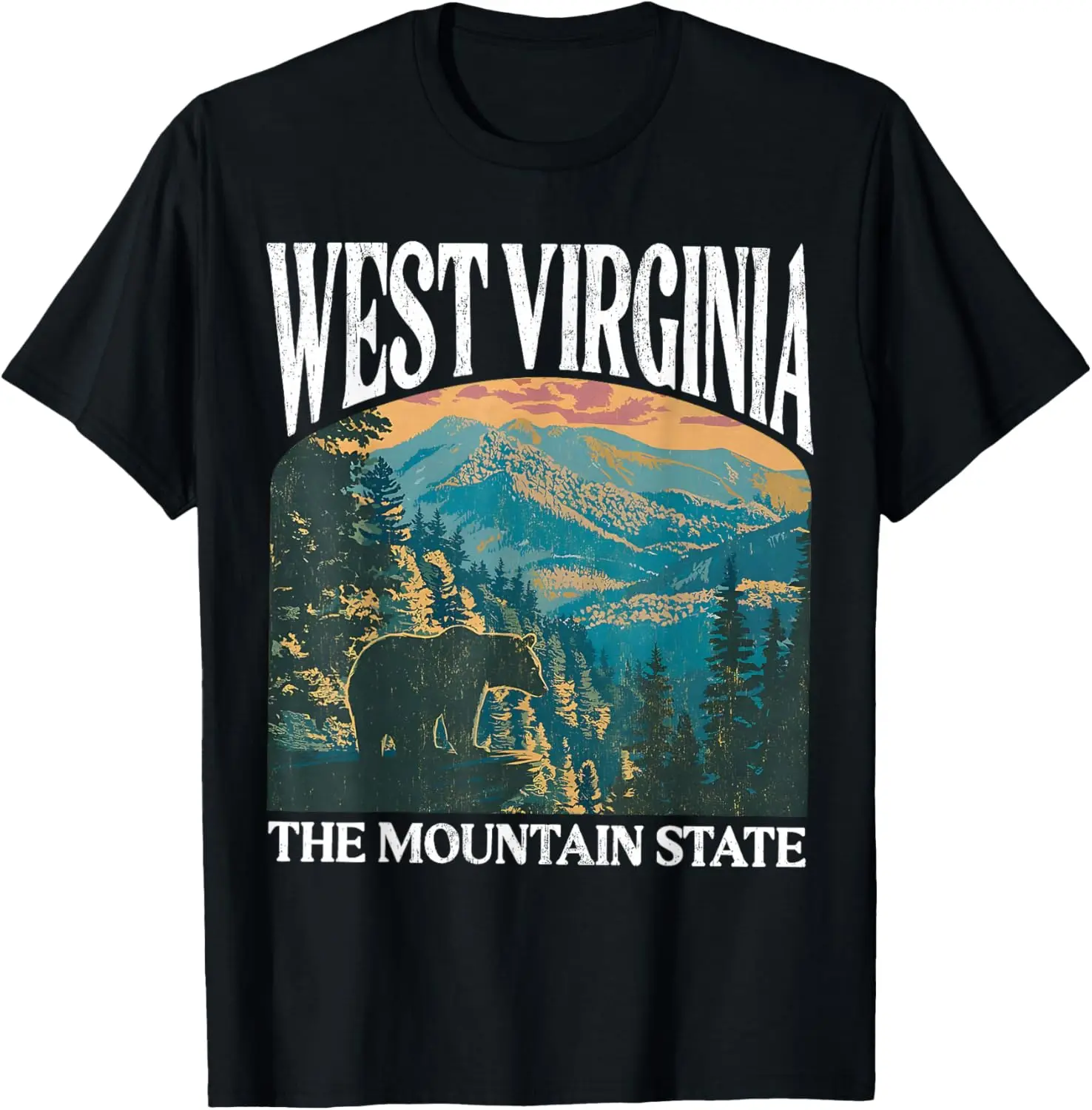 West Virginia Retro Bear Mountain Graphic T-Shirt Tee – Soft, & 100% Cotton Trendy Y2K Short-Sleeve Tee-Soft, Quick-Drying,