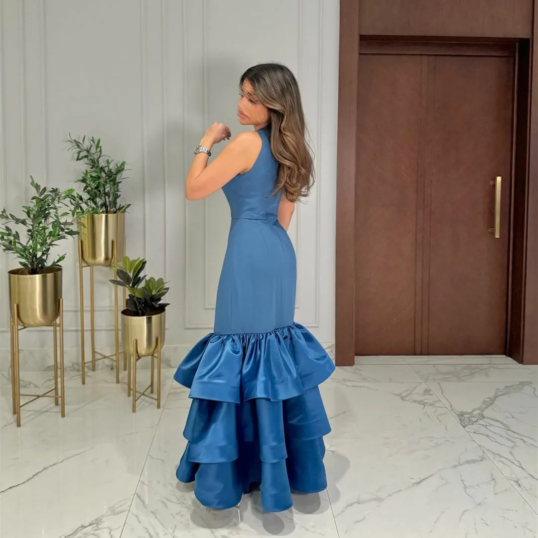 Vestido de noche largo de crepé para mujer, traje elegante plisado hasta el suelo con volantes, color azul