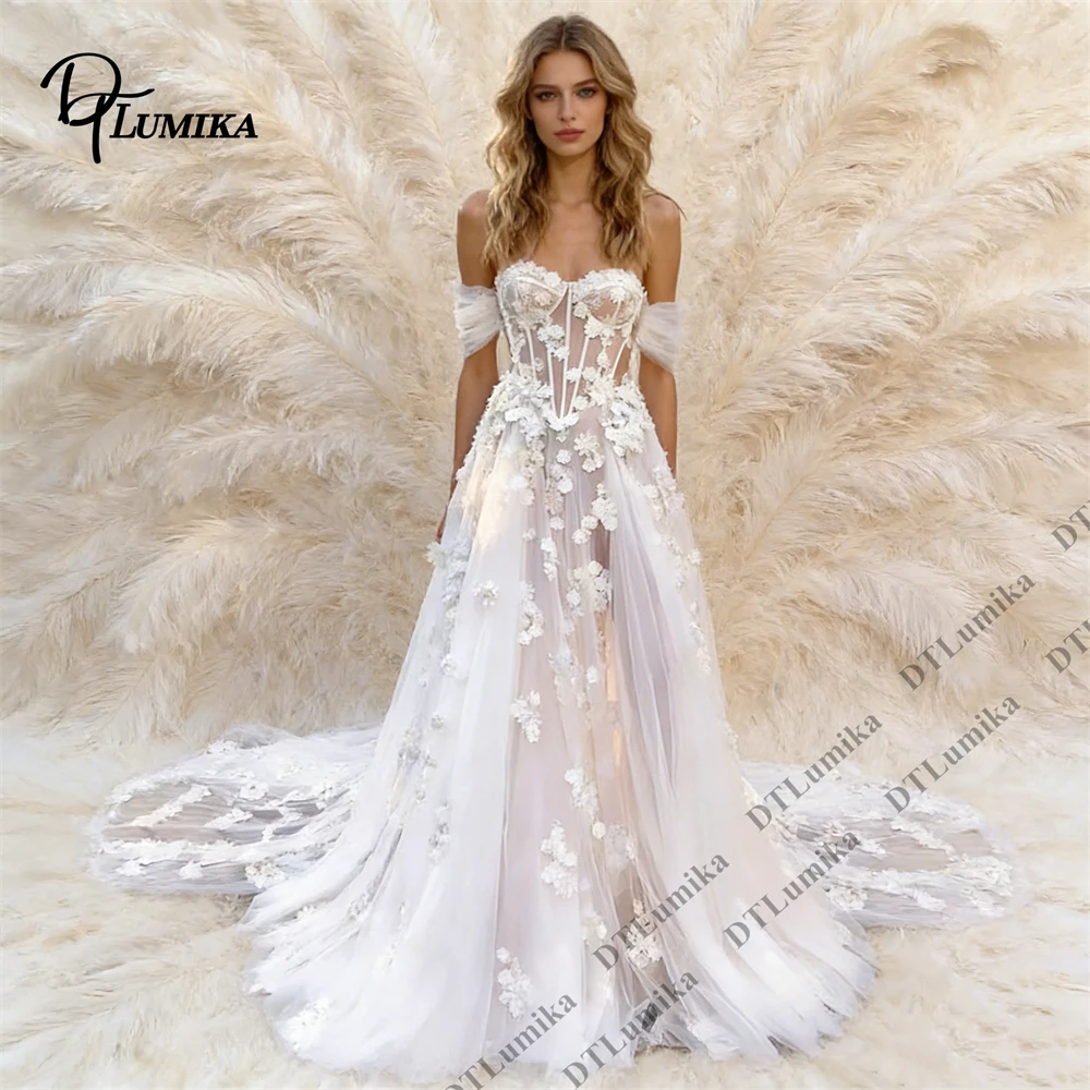 

Off Shoulder Sweetheart Wedding Dress Illusion Lace with 3D Floral Applique & Tulle Skirt, Bride Dress with Chapel Train,