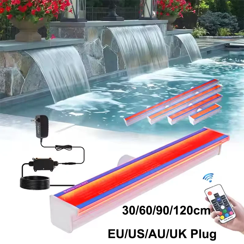 LED น้ําตก Descent Fountain Light 30/60/90/120 ซม.AC110-265V สระว่ายน้ํา Cascade ตกแต่งแขวนผนังน้ําพุ Spillway