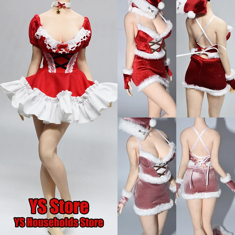 

1/6 Female Soldier Red Pink Fleece Christmas Vest Short Skirt Clothes Set Accessory Sexy Roud Collar Short Dress For 12" Body