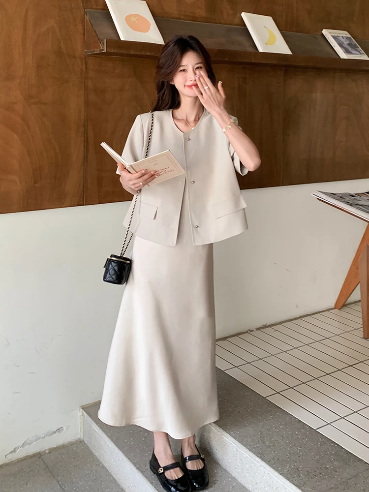 Elegant Short Sleeve Suit Dress Set Women's Summer New High-End Feelings Two-Piece Set Small Fragrance Style Fashionable Outfit