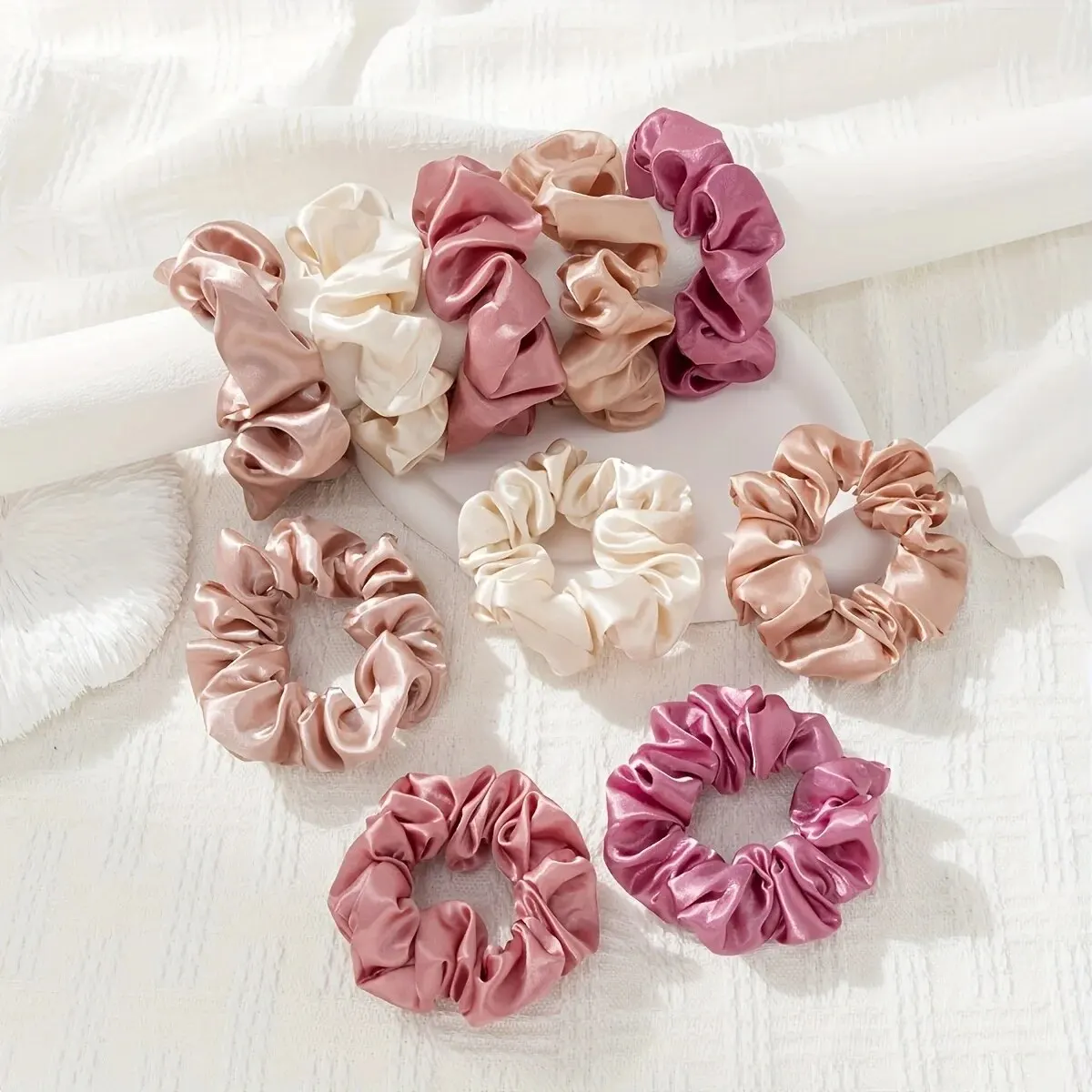 10pcs Women\'s Pink Satin Elegant Casual Large And Small Intestine Hair Circles Valentine\'s Day Gift