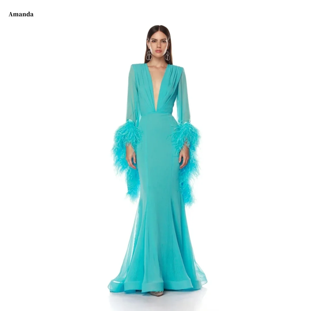 Amanda Customized Turquoise Deep V Long Sleeve Prom Dress Feather Cuff Mermaid Gown vestidos de noche Elegant Sheer Fabric 2025