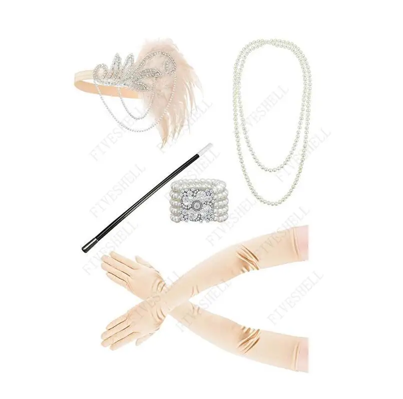 Women Flapper Props Halloween Charleston Cosplay 1920s Great Gatsby Accessories Pink Nude Headpiece Feather Headband Fro Party