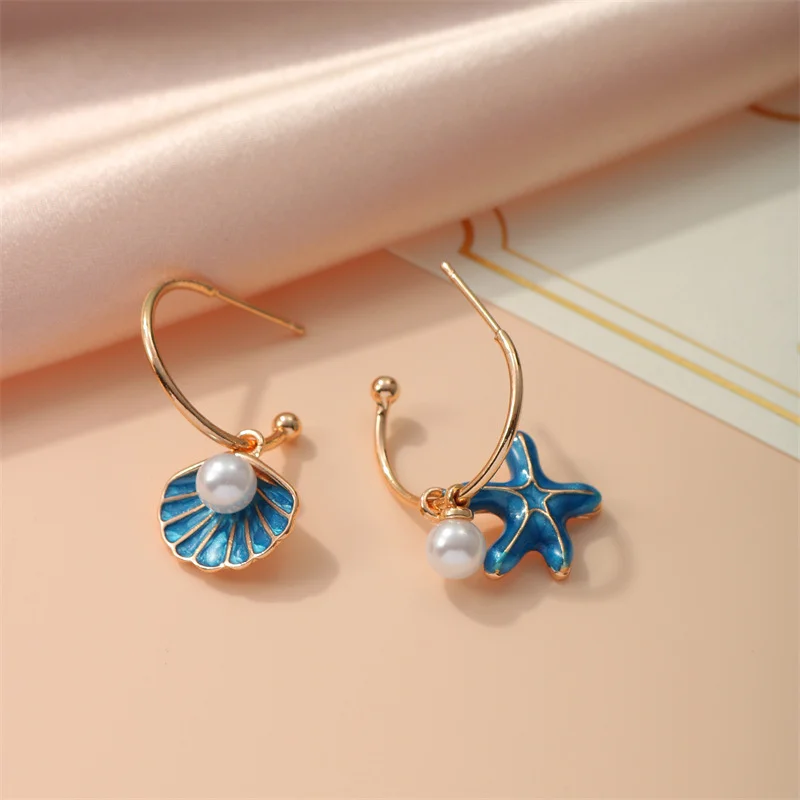 Personality Asymmetric Starfish Shell Pearl Earring For Women Ocean Style Geometric C-shaped Earrings Wedding Party Jewelry