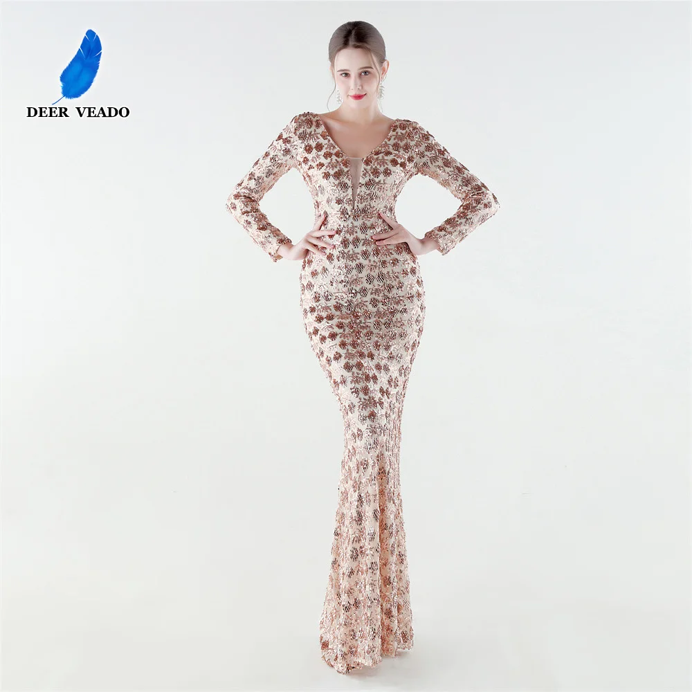 

DEERVEADO 11 Colors Woman Elegant Mermaid V-Neck Sequins Evening Dresses Long Formal Occasion Dress Gala Party Dresses