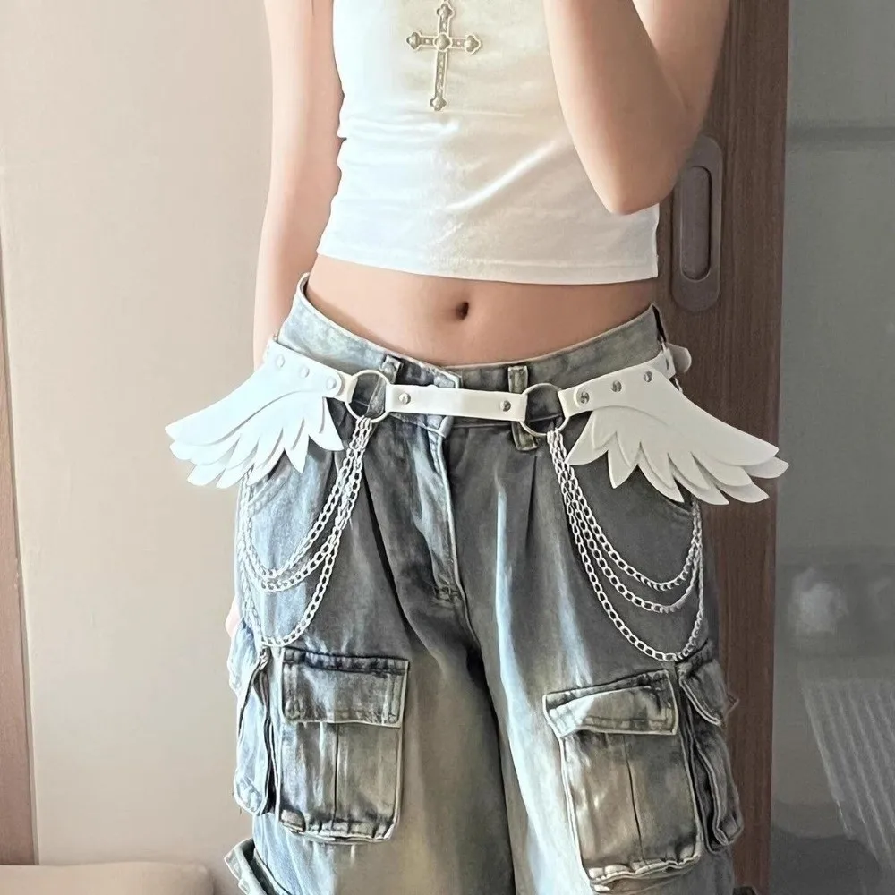 Fashion Forward Adjustable Angel Wings Waist Belt PU Leather Punk Goth Belt Gothic Statement Accessory Hip Chain Club Wear