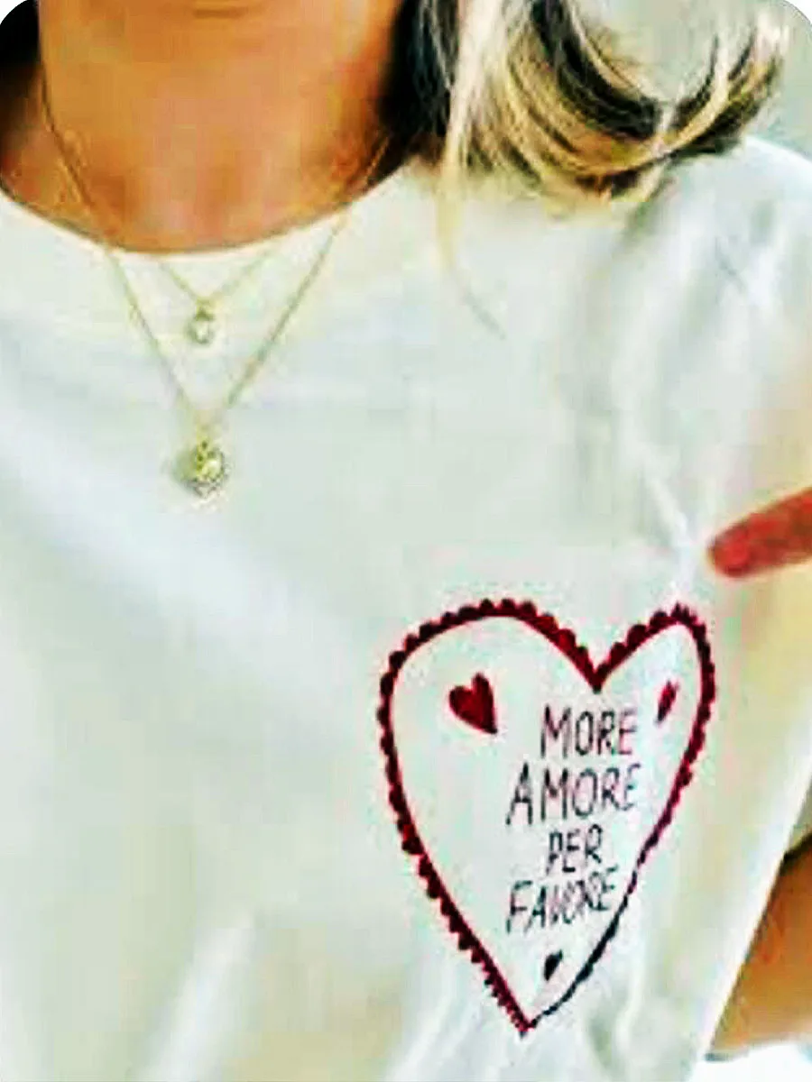 More Amore Per Favore Pocket Letters Printed French Style White T Shirt Women Summer Short  Sleeve Tops Tees Retro Cotton Shirts