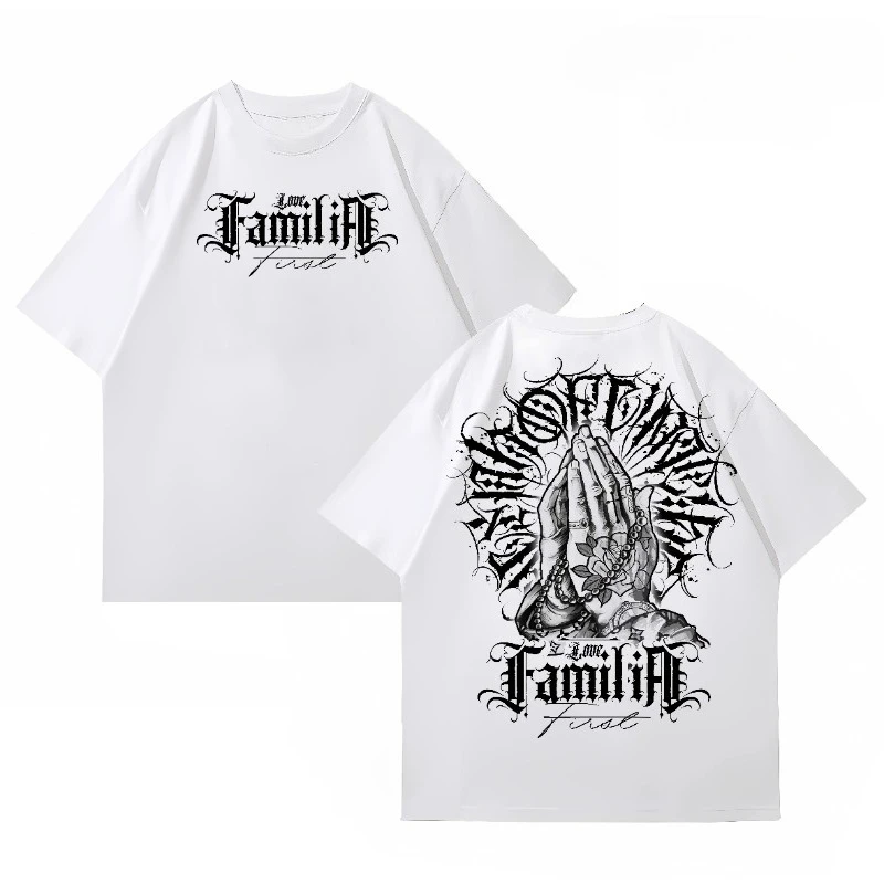 Marque streetwear originale main de prière de police de rue américaine, T-shirt de niche à manches courtes pour artiste tatoueur de style hip-hop de la côte ouest