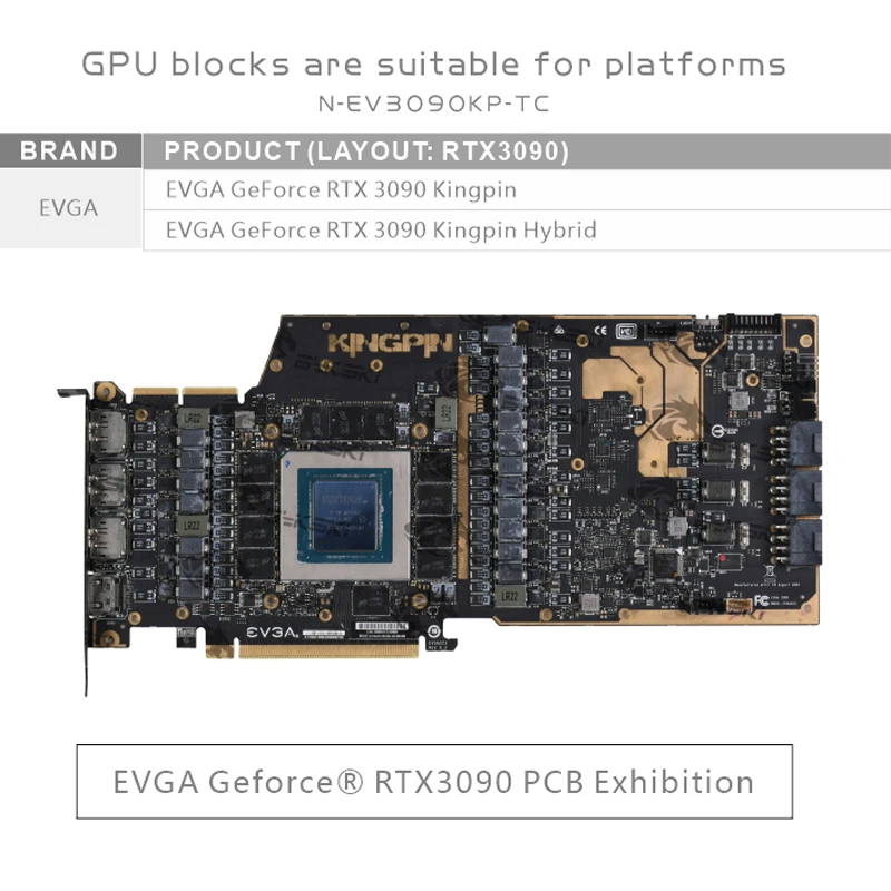 Bykski N-EV3090KP-TC GPU Block for  EVGA RTX3090 Kingpin Hybrid Backplane / Full Cover Water Cooling Video Card Copper Radiator