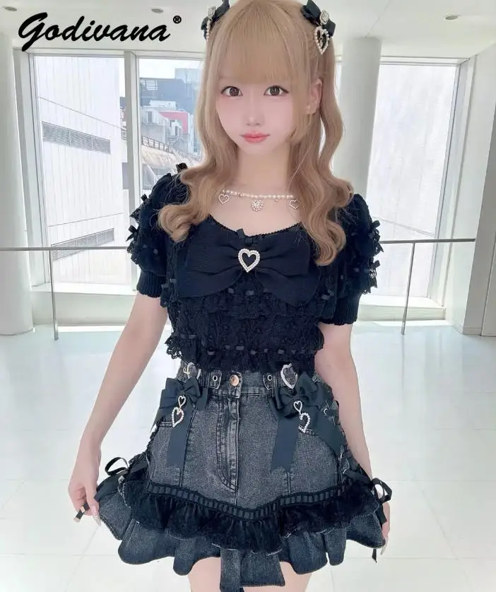 Japanese Liz Sweet Rhinestone Bowknot Lolita Denim Skirt New Summer Female Girls High Waist Lace Stitching Short Skirts