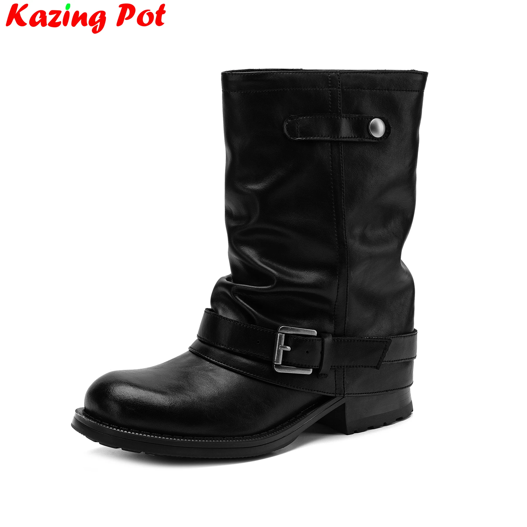 Plus Size 34-42 Cow Skin Round Toe Med Heels Belt Buckle Modern Boots Warm Winter Shoes Dating Casual Pleated Retro Ankle Boots