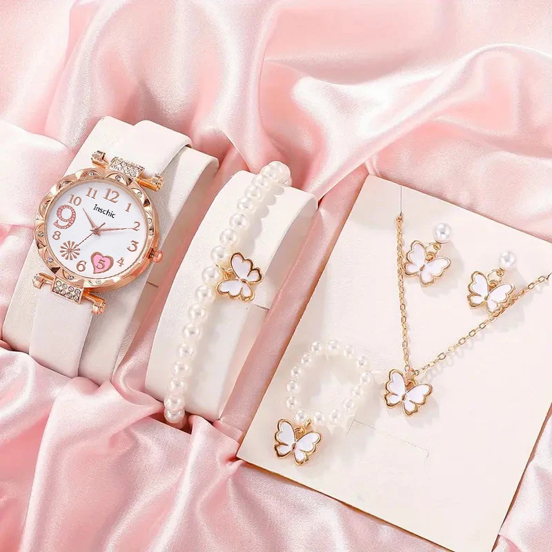 Fashion Rhinestone Heart Butterfly White Leather Strap Women's Quartz Watch Six-Piece Set, Suitable for Christmas and Halloween