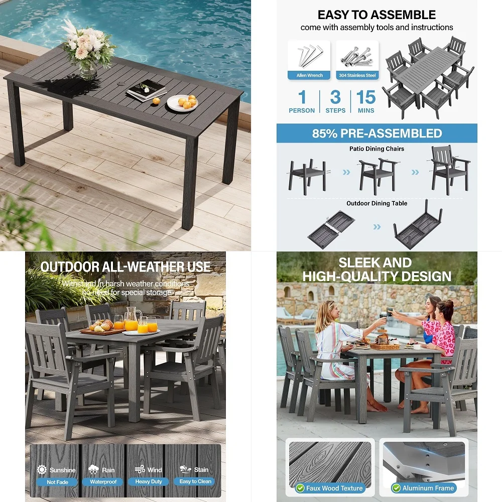 

Outdoor Dining Table for 6 All Weather Rectangular Patio Table with Umbrella Hole and Aluminum Frame Outdoor Furniture for Outs