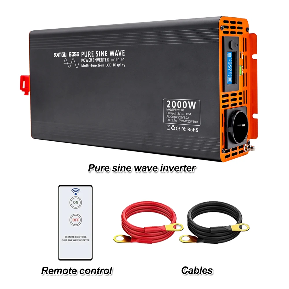 DATOUBOSS 2000W Omvormer DC 12V/24V/36V Zuivere Sinus AC 220V Power Converter Thuis Vrachtwagen Auto Omvormer met USB Type C LCD - afbeelding 1