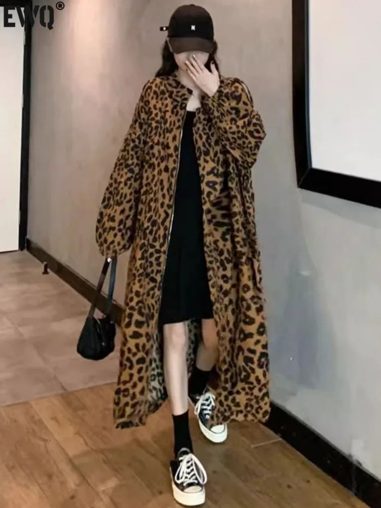 [EWQ] American Vintage Long Sleeve Leopard Print Windbreaker Loose Streetwear Women Winter Trench Coat 2024 Autumn Tide 16O2472