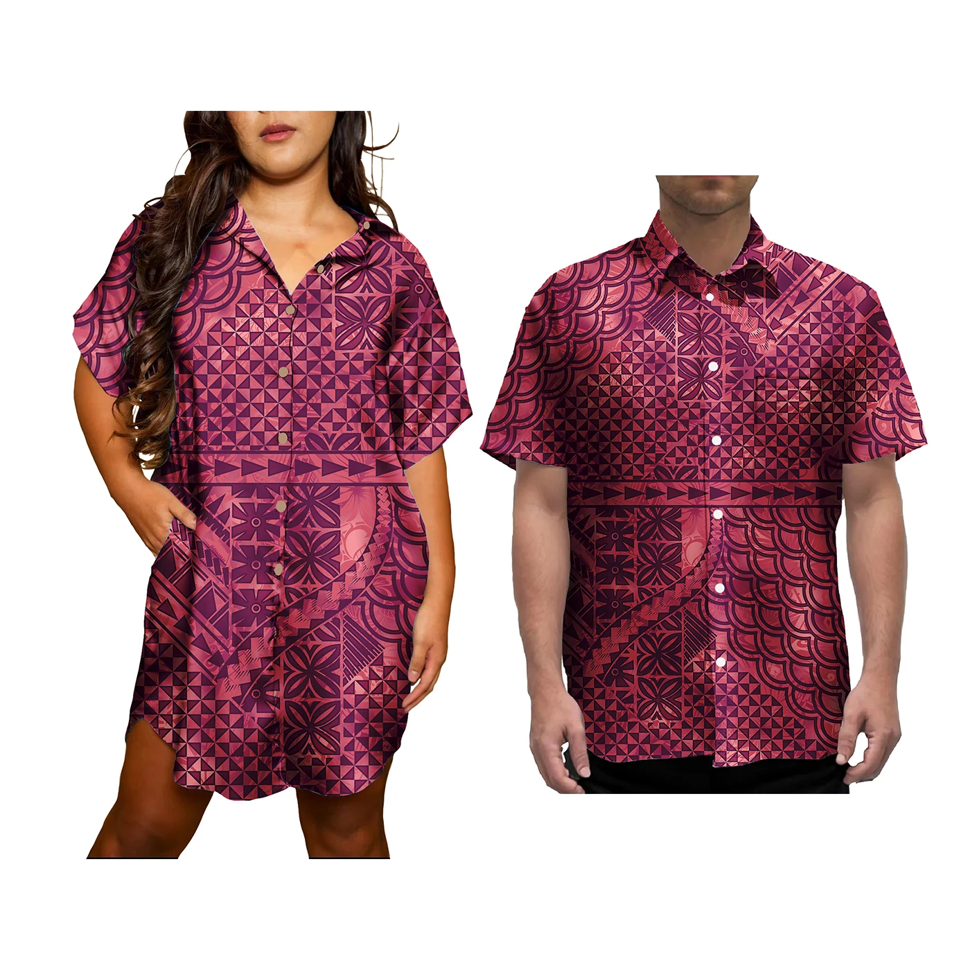 Polynesian Tribal Plus Size Couples Matching Outfits Shirts Elegant Casual Women Dress and Hawaiian Men Shirts