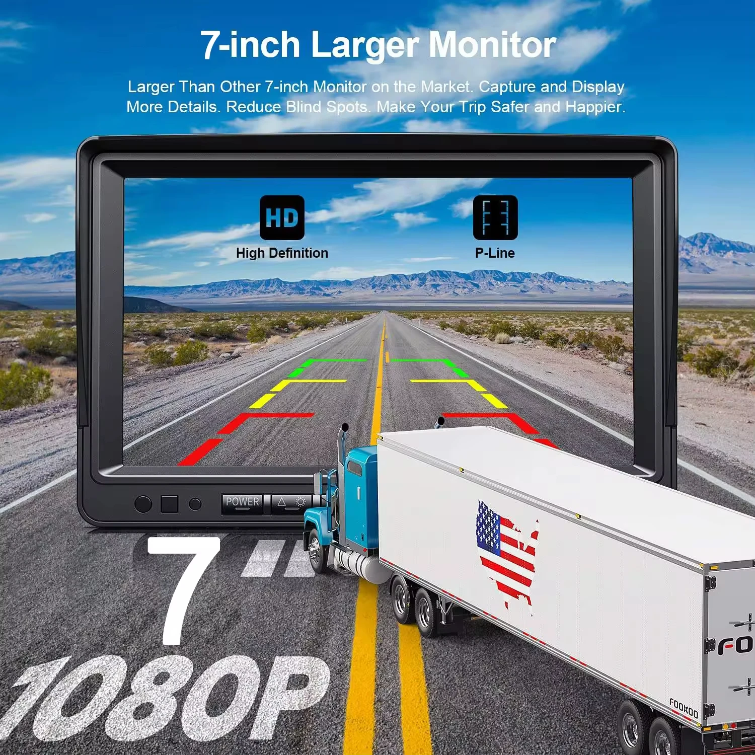 Wireless Truck Backup Camera 1080P IP68 Waterproof 7 Inch Monitor with Parking Lines SD Card Recording for Semi Trailer RV