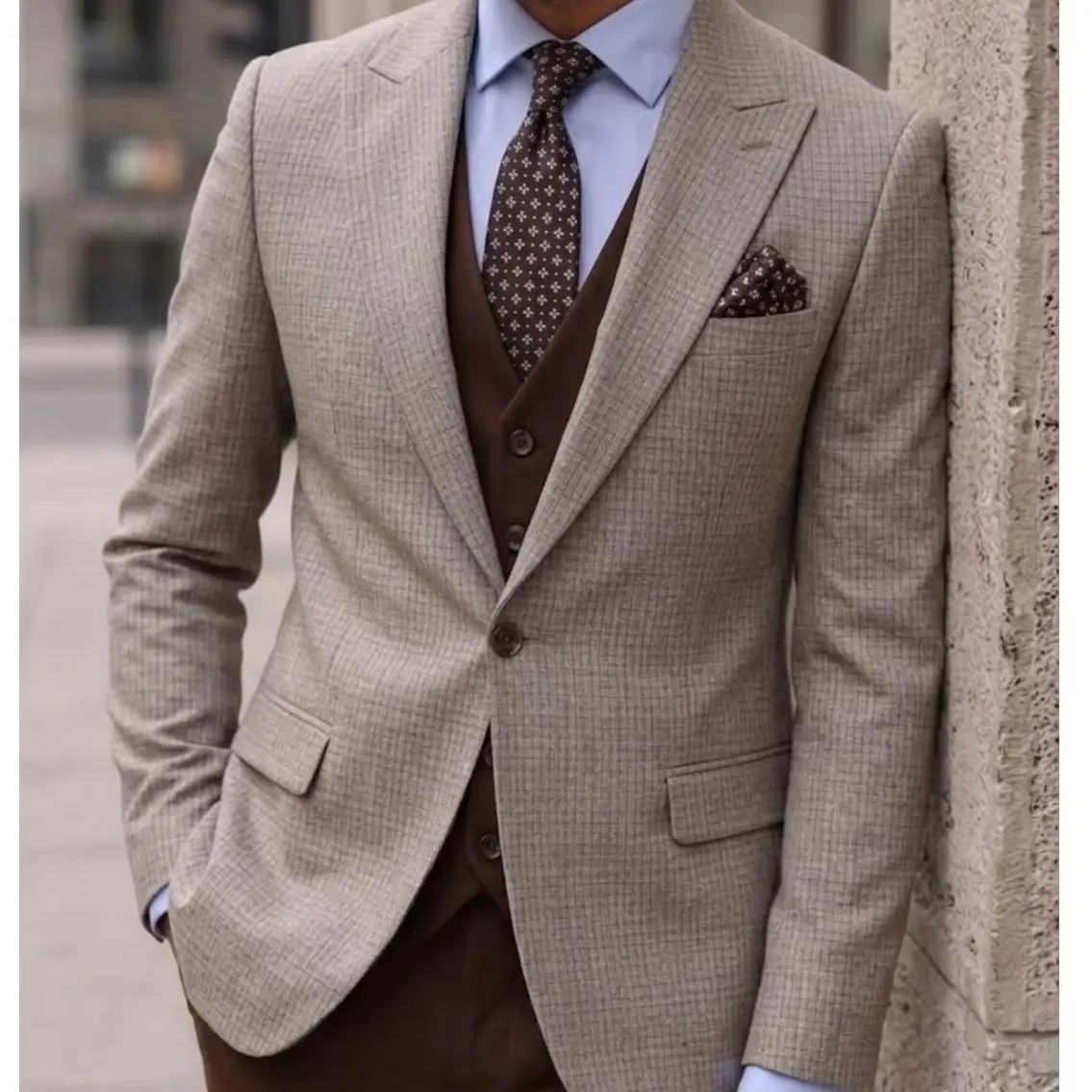 Classical Mens Beige Checkered Tweed Blazer Slim Fit Notch Lapel Single Breasted Wedding Prom Tuxedo Business Party Prom
