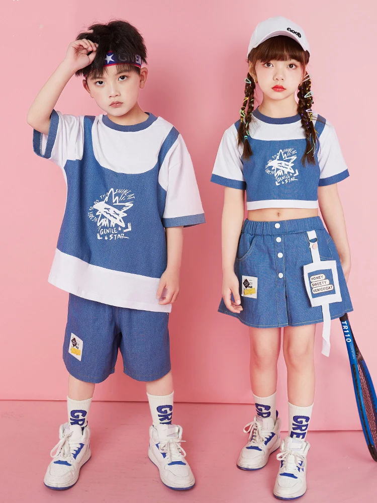 Cheerleading Uniform Denim Jazz Dance Kostuum Tops Shorts Rok Hiphop Dance Outfit Concertkleding Dl10439