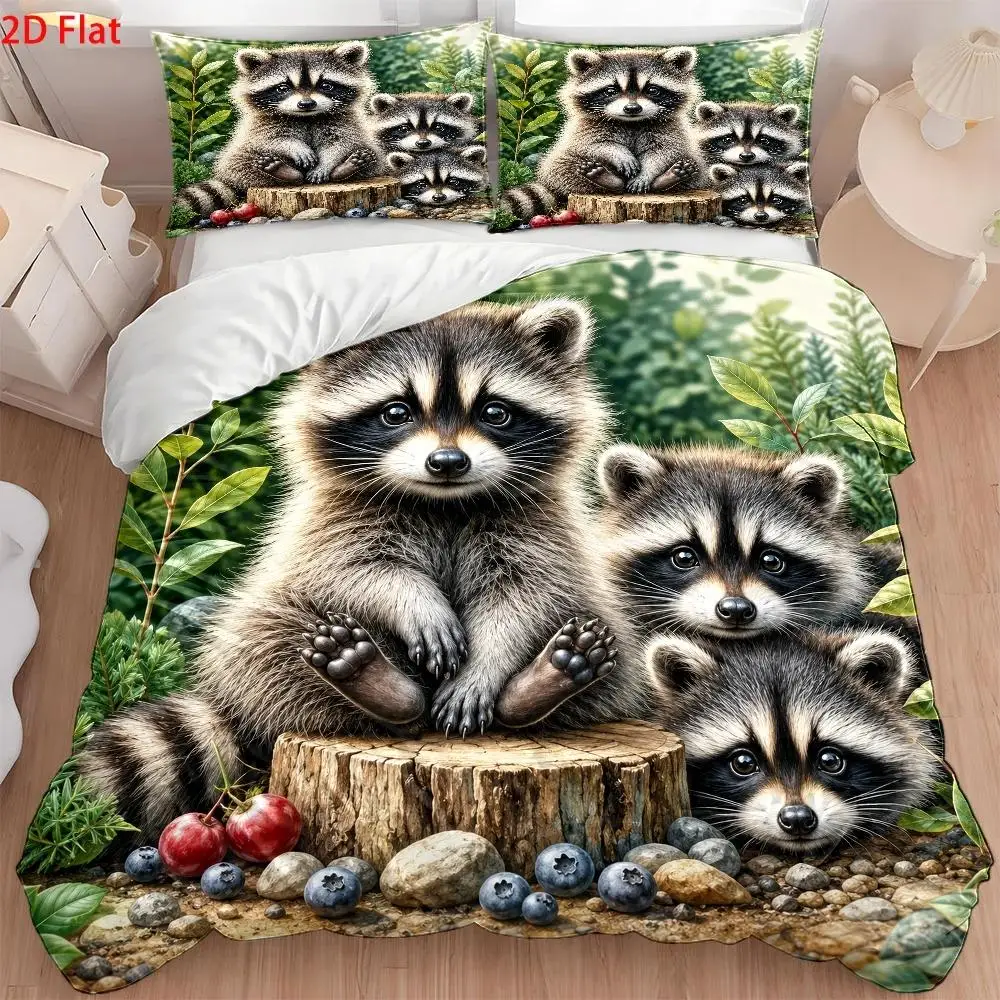 3Pc Cartoon Raccoon Print Quilt Cover Set, 1*Quilt Cover + 2*Pillowcases, Bedding Three-Piece Set, Skin-Friendly, Breathable, Soft, Comfortable Quilted Quilt Cover, Invisible Zipper, Machine Washable, Easy to Clean, Durable, Wrinkle-Resistant, All-Season Double Bedding, Modern Minimalist Nordic Style Cozy Home Bedroom Decor, Suitable for Student Dormitory, Home Master Bedroom, Guest Room, 3Pcs Light Luxury Style Printed Bedding Set, Large Double Bed Cover Set
