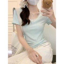 Korean Sweet Woman Lace Bow V-neck T Shirt 2024 New Summer Short Sleeve Slim T-shirts Ladies Fashion Short Tees Tops