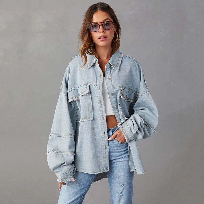 2024 New Arrivals Women's Denim Coat Streetwear Style with Rivet, Loose Mid-length Fashion Jacket
