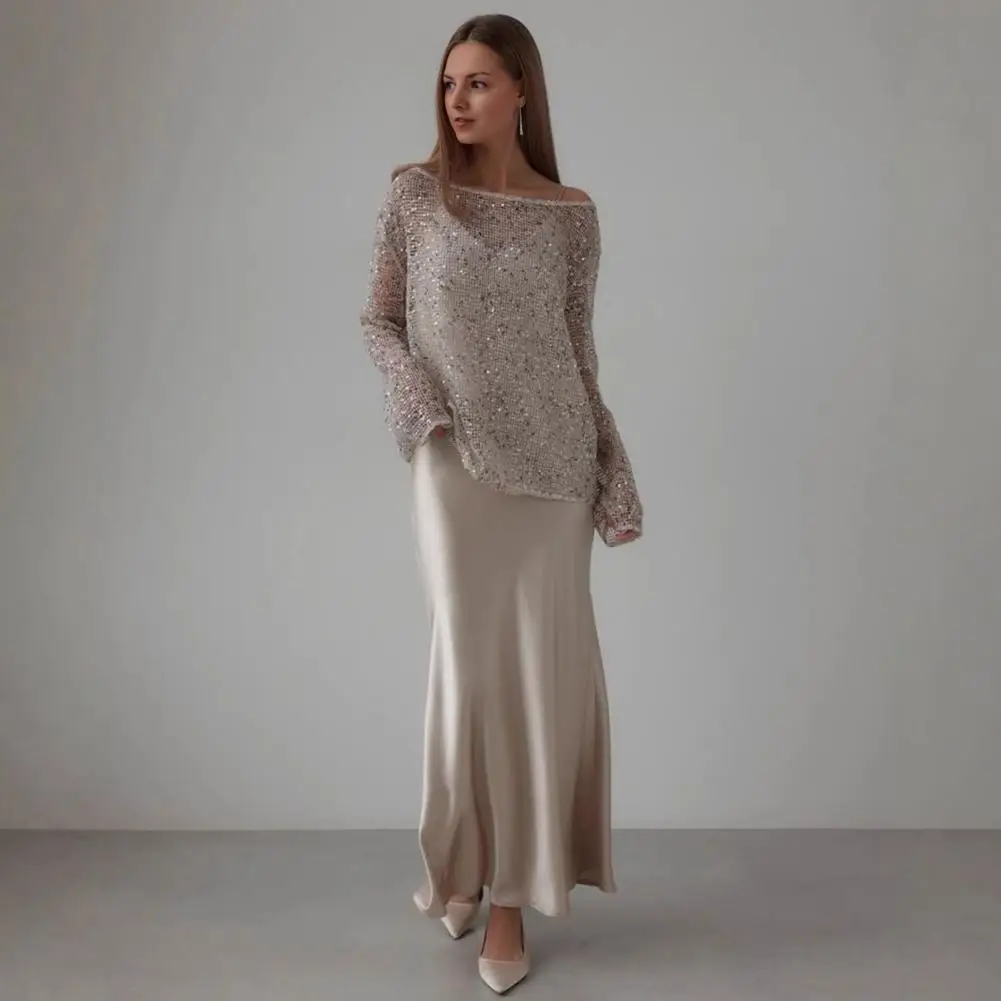 

Вязаный пуловер с пайетками, ажурный, свободного кроя, на одно плечо, солнцезащитный, с круглым вырезом, в стиле смок, для светских мероприятий