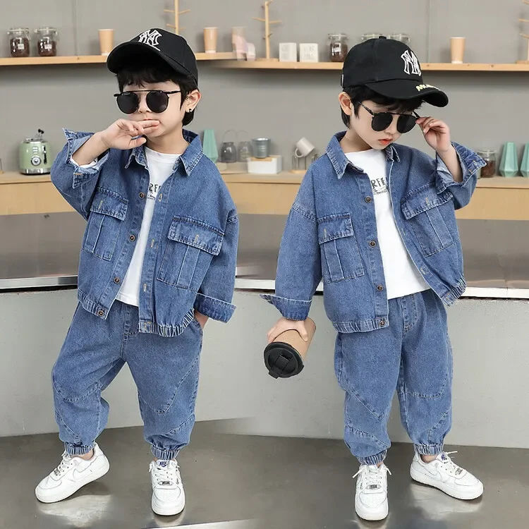 Boys\' Denim Set 2023 Spring and Autumn New Children\'s Trendy Cool Solid Color Denim Clothing for Children\'s Foreign Trade