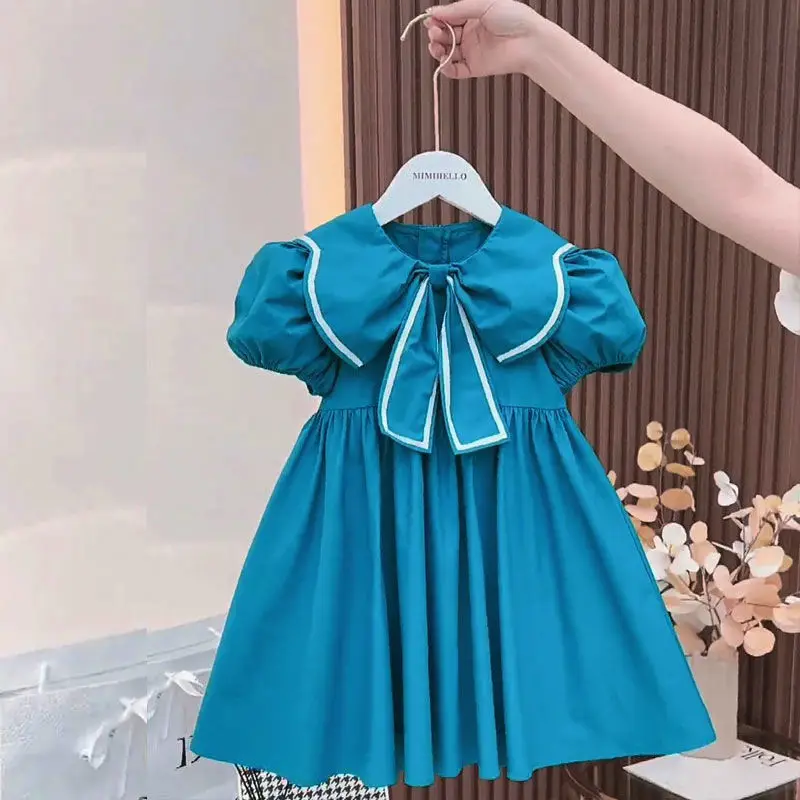 Vestido azul de verano para niñas pequeñas, mangas abullonadas, elegante vestido de princesa con flores, pajarita, ropa de fiesta de cumpleaños, 1-6