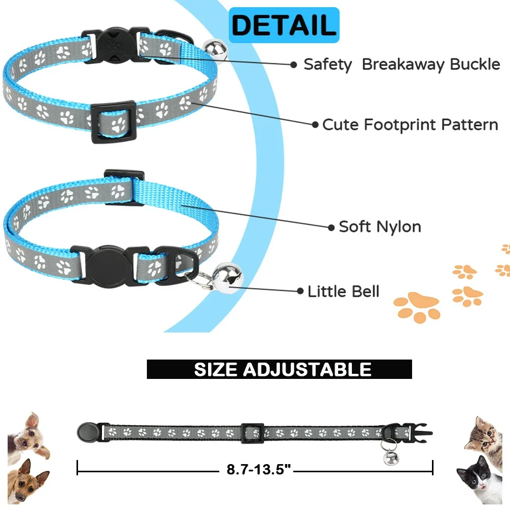 Reflective Pet Collar With Bell Cartoon Footprint Dog Puppy Cat Accessories Kitten Collar Adjustable Safety Bell Ring Necklace