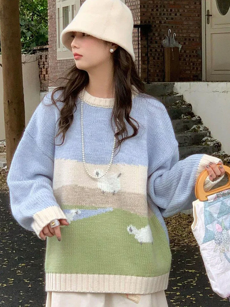 

Preppy Style Sweet Knitted Sweater Women Vintage Lazy Wind Cartoon Cute Jumper Casual Korean Fall Winter Loose Patchwork Tops