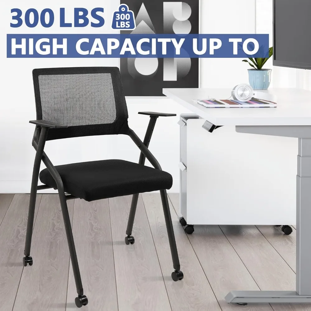 كراسي غرفة اجتماعات قابلة للتكديس وقابلة للطي مع عجلات، كرسي مكتب مبطن محمول مع دعم قطني ومسند للذراعين #4