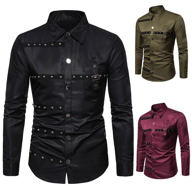 

Men's Rivet Long Sleeved Shirt for Summer Foreign Trade Performance Wear, Men's Slim Fit British Style European Size Shirt