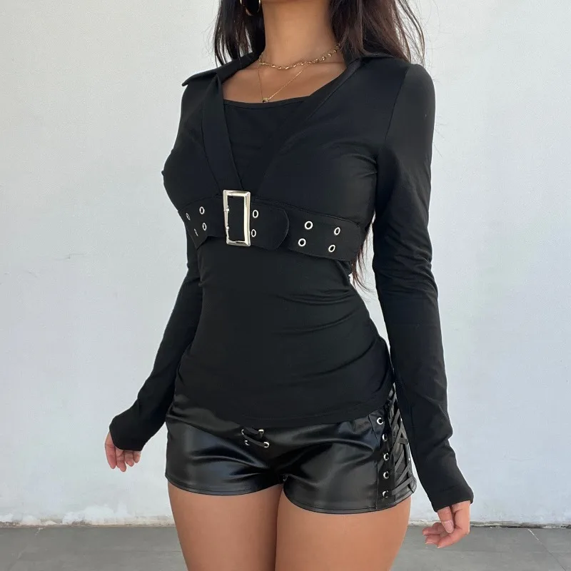 Fake 2 Piece Grommet Metal Buckle Sash T-shirts Women Fashion Turn Down Collar Long Sleeve Black Slim Casual Streetwear Tees Top