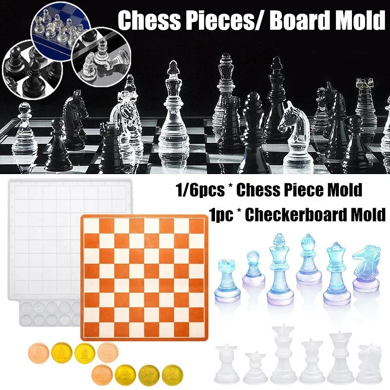 6/7PCS Chess Resin Mold Set Chess Pieces Silicone Mold and Chess Board Epoxy Casting Mold Complete Chessboard Mold