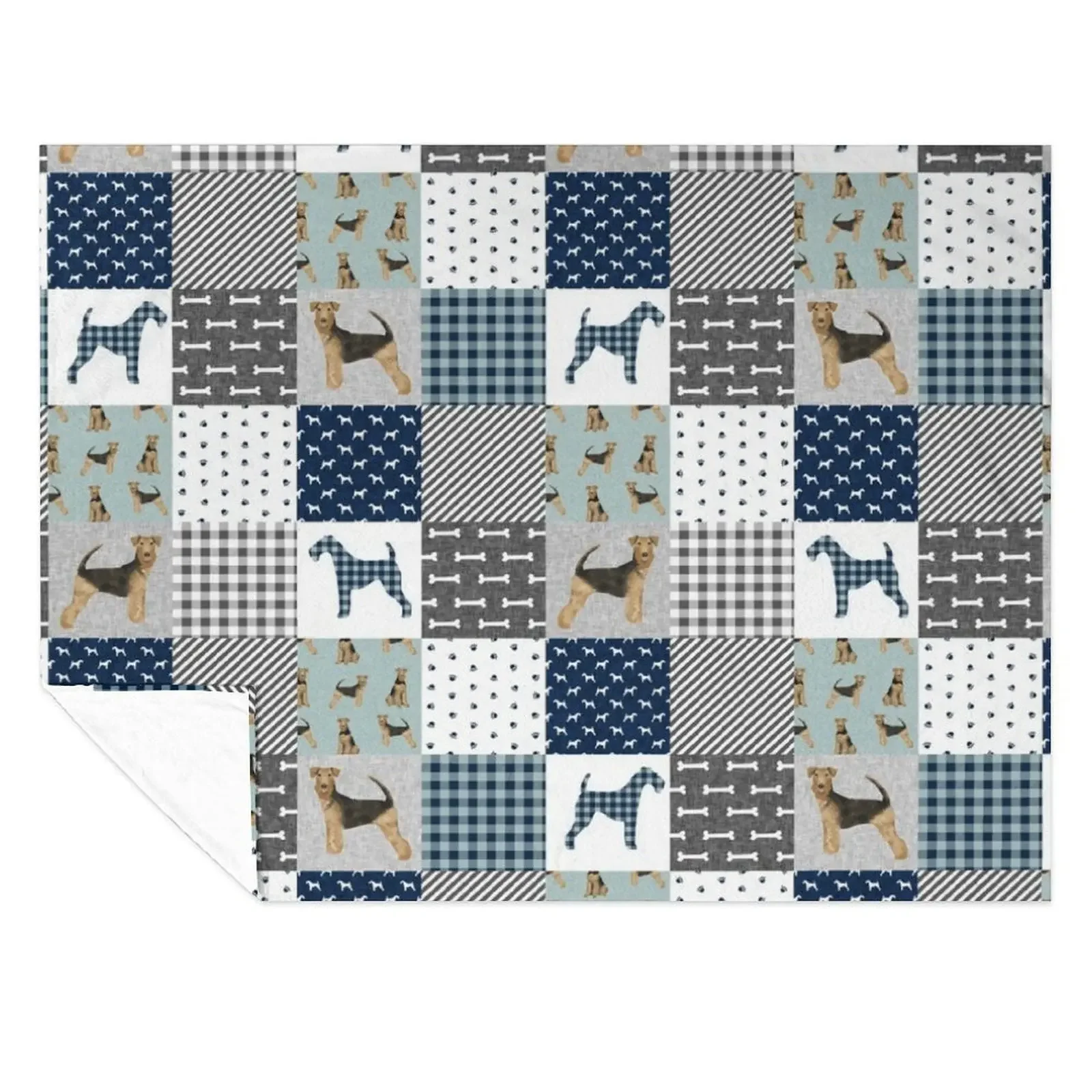 

airedale patchwork bedding, airedale bedding, airedale dog design, cute dog, dog fabric, plaid, buffalo plaid, dog Throw Blanket