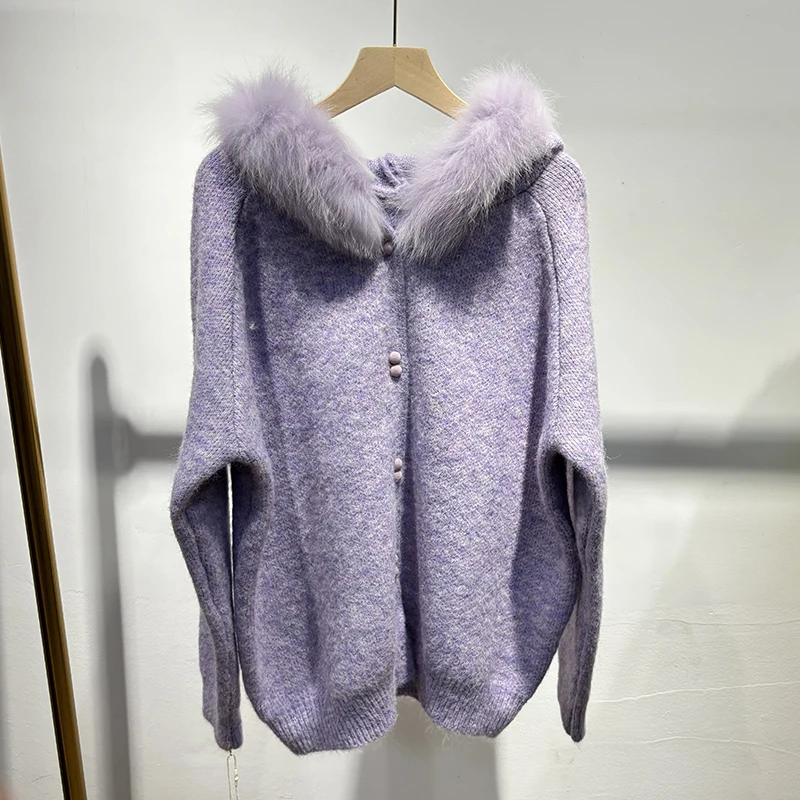 وصل حديثًا لعام 2025 سترة نسائية شتوية خضراء من فرو الثعلب الحقيقي سميكة محبوكة كبيرة الحجم سترة فضفاضة للفتيات باللون الرمادي معطف بقلنسوة