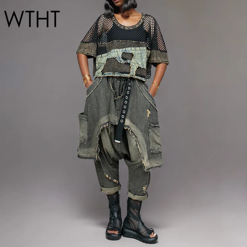 

WTHT Fashion Women's Hollow Out Mesh Spliced Short Sleeves T-shirt Fake Two-piece Loose Jeans Female 2025 Summer 1LS2054