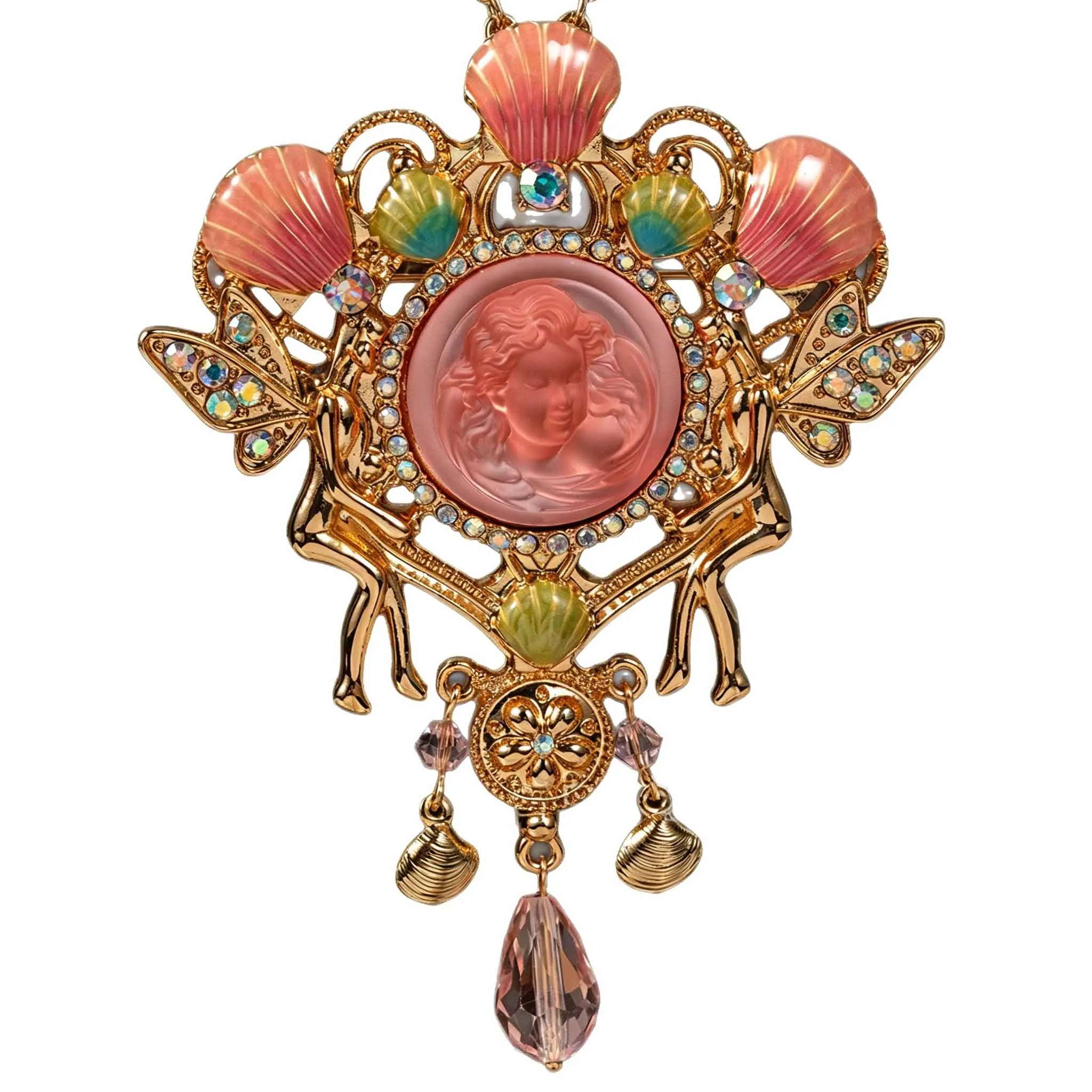 Vintage Pink Moonstone Sleep Angel Brooch Magnetic Pendant Necklace Dual-Use Butterfly Corsage Jewelry Birthday Gifts for Women