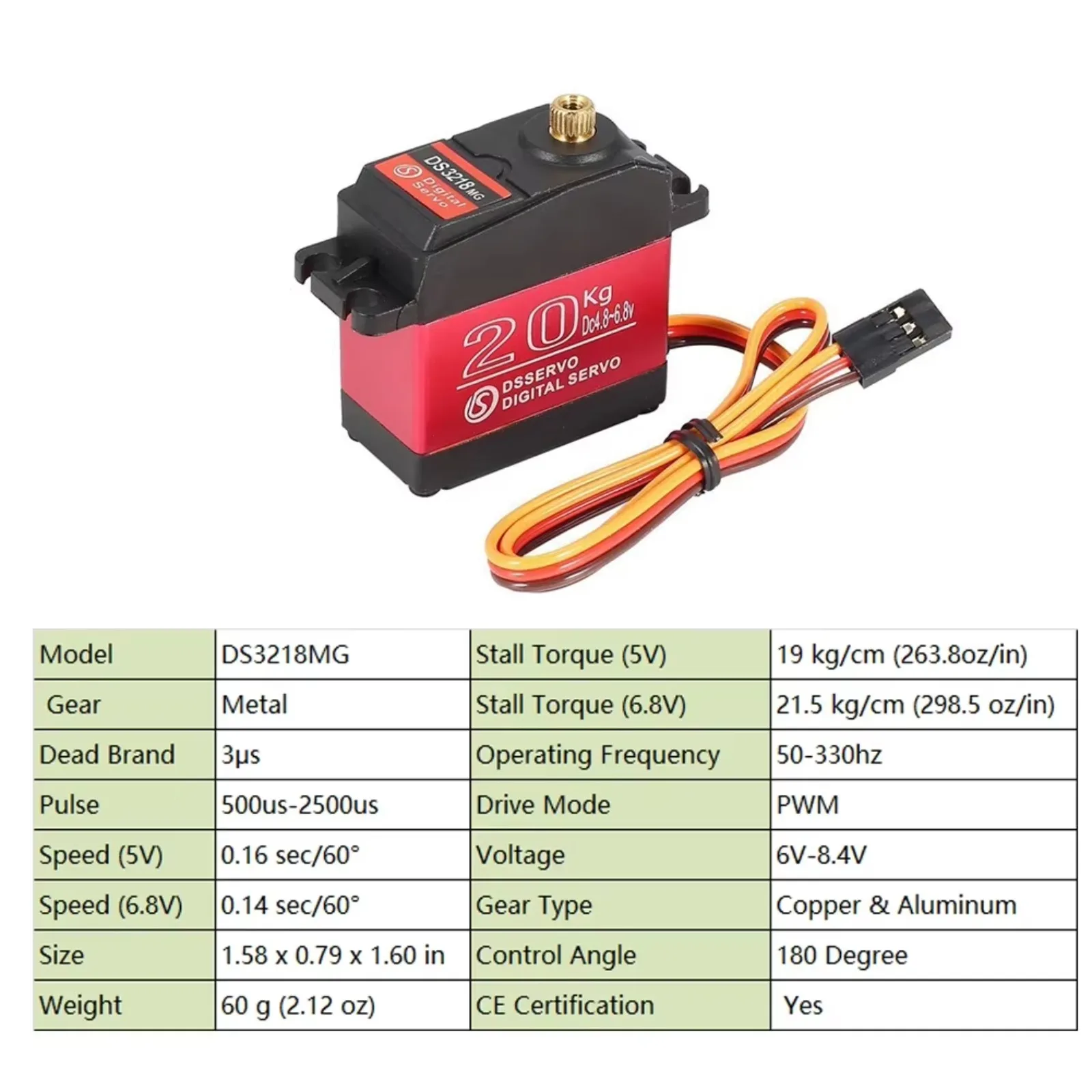 10PCS DS3218 20KG Digital Servo High Torque Waterproof Full Metal Gear for 1/8 1/10 1/12 RC Car Crawler Truck Boat  (180°)