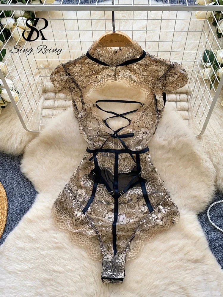 SINGREINY Body Sexy in Pizzo Trasparente, Lingerie Femminile Traforata in Rete, Abbigliamento da Notte con Ricami Floreali, Body Aderente